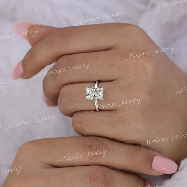 3 CT radiant cut moissanite engagement ring hidden halo wedding Ring pave bridge 14k Gold Cathedral ring solitaire simple engagement ring