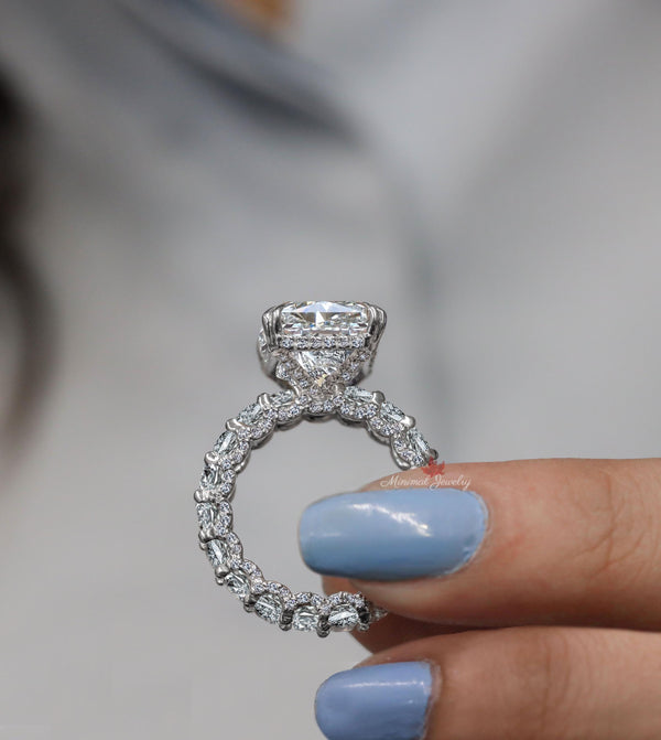 10 CT Moissanite radiant cut engagement ring,hidden halo solitaire,wide eternity band,celebrity style big large radiant cut moissanite ring