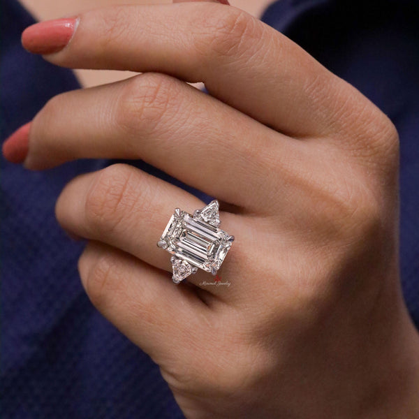 3 stone emerald cut ring 14k gold 7CT emerald cut moissanite engagement wedding ring side Shield Three stone anniversary ring for women