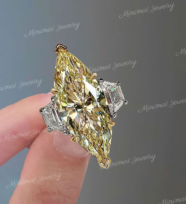 7 CT canary yellow Marquise moissanite engagement ring,large three stone celebrity style,trapezoid&big Marquise cut,luxury wedding ring