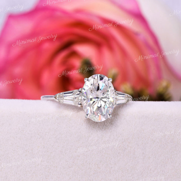 2.5 CT Oval Moissanite engagement ring,Three stone,14k white gold,shield&Oval moissanite three stone ring,Past Present Future Bridal Ring