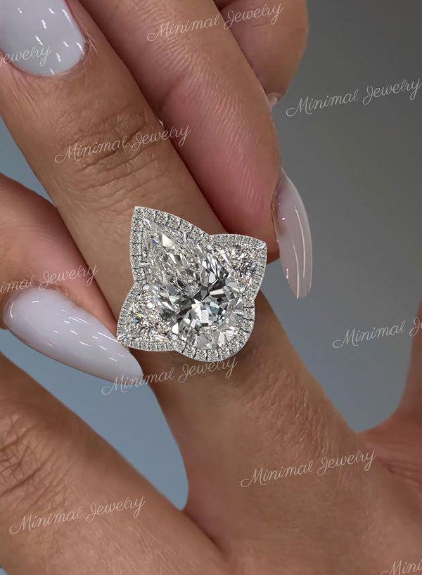 Pear shaped engagement ring Three stone 3CT pear moissanite halo wedding ring white gold teardrop anniversary ring diamond alternative ring