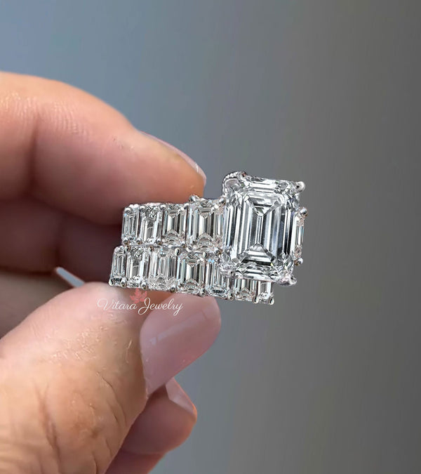 Emerald Cut Moissanite Engagement Ring set 15.1TCW Three stone moissanite bridal set hidden halo wide eternity band wedding anniversary ring