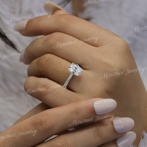 2.5 CT cushion cut engagement ring,Moissanite hidden halo ring,elongated cushion moissanite ring,three row pave,14k white gold,wedding ring