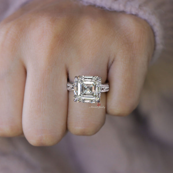 9 CT large Asscher cut engagement ring wide band hidden halo channel set asscher cut moissanite ring big diamond cocktail ring wedding ring