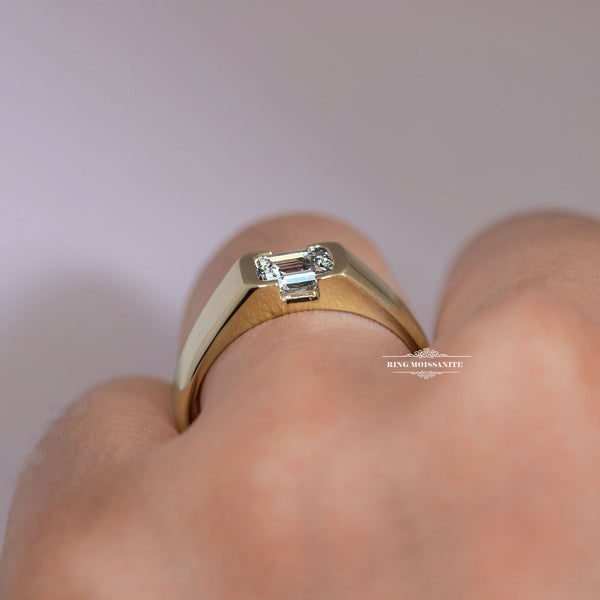 mens moissanite ring unique mens wedding band gift for him bezel set ring for men white gold mens emerald ring promise ring for him Husband