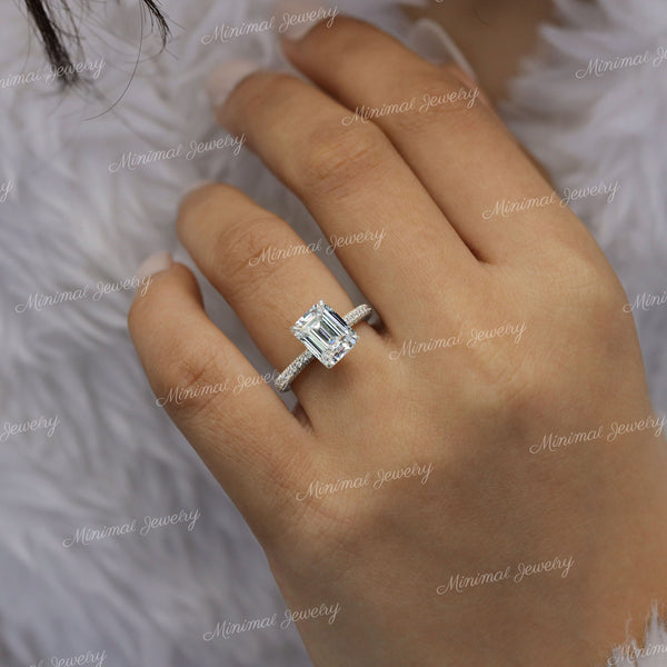 2.5CT Emerald cut moissanite engagement ring,hidden halo,unique emerald cut solitaire ring,3 row pave,claw prong,14k white gold,wedding ring