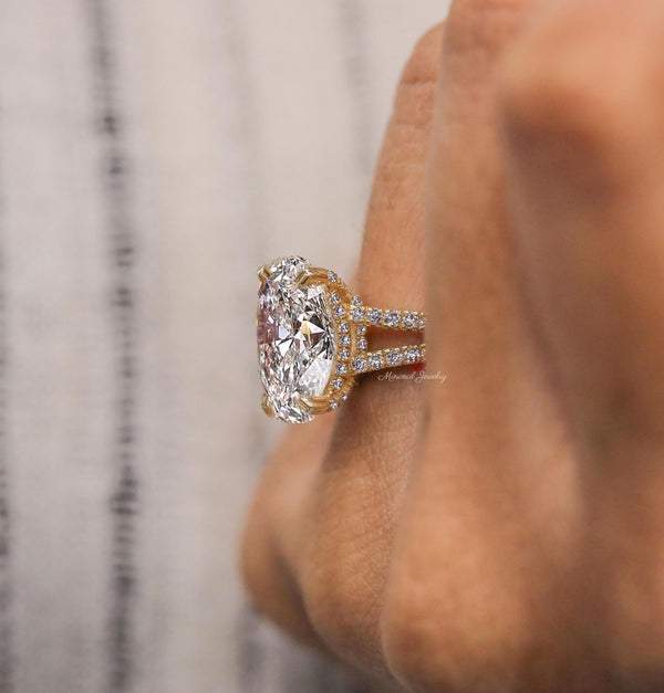 5.5CT Oval moissanite engagement ring crushed ice moissanite Hidden halo split shank ring unique cathedral ring set oval cut wedding ring