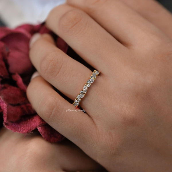 moissanite wedding band,unique marquise band ring,vintage,half eternity cluster ring,marquise wedding band,Solid Gold dainty Stacking ring