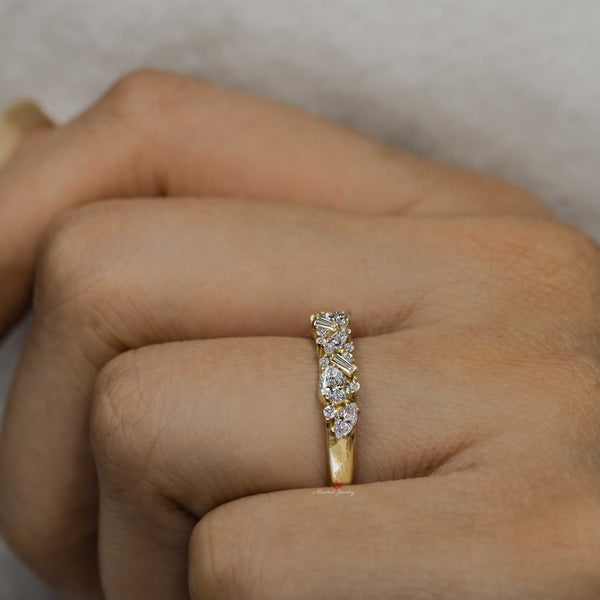 Marquise Moissanite Cluster Wedding Band baguette cluster ring 14k Gold Thick Anniversary Ring for women