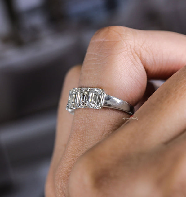 Emerald cut wedding band 5 stone moissanite wedding band women stackable half eternity band 5th anniversary gift for her dainty emerald ring