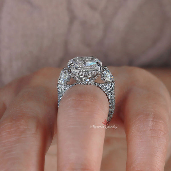 16 CT Three stone cushion cut moissanite engagement ring celebrity style,heart&big large elongated cushion 3 stone wedding anniversary ring