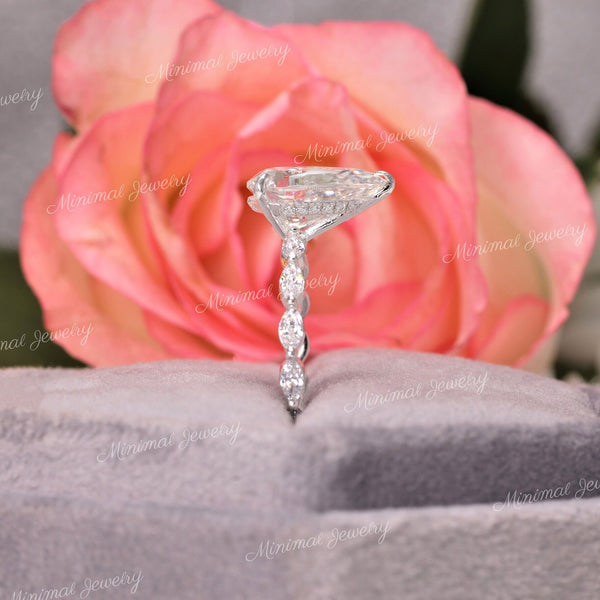 3 CT pear shaped engagement ring solitaire pear moissanite ring hidden halo unique vintage style engagement ring 14k white gold wedding ring