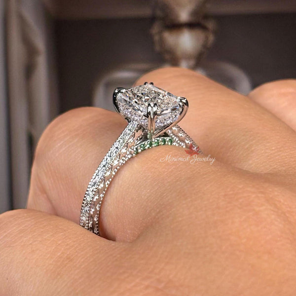 1.5 CT radiant cut moissanite engagement ring art deco filigree ring solitaire hidden halo vintage edwardian style wedding anniversary ring