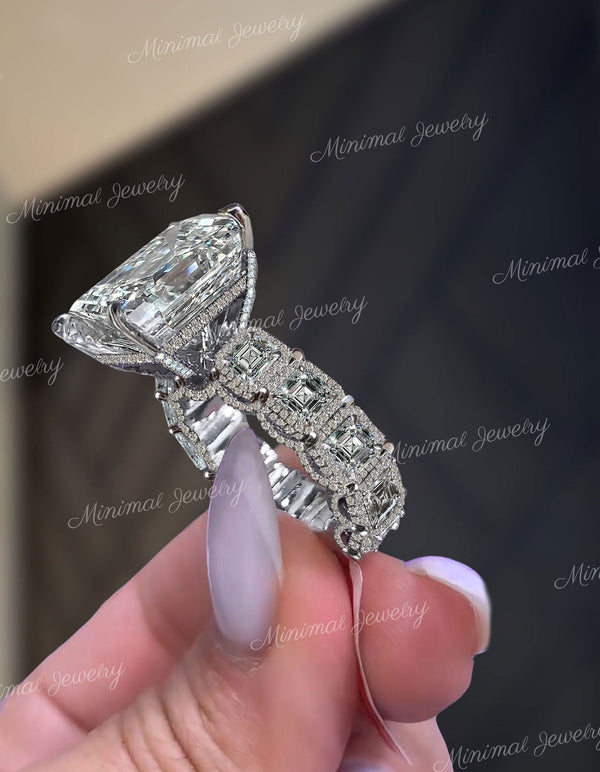 Emerald cut Moissanite engagement ring 8 CT large moissanite ring solitaire wide band Hidden halo iced out diamond cocktail wedding ring