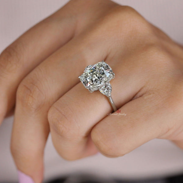Three stone cushion cut moissanite engagement ring 7.5 CT large cushion cut ring hidden halo unique ring design big stone ring wedding ring