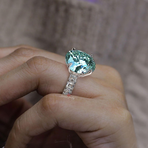 11CT Green Moissanite Ring White Gold Statement Cocktail Ring Large Blue Moissanite Wedding Anniversary ring newly engaged Gift for Her