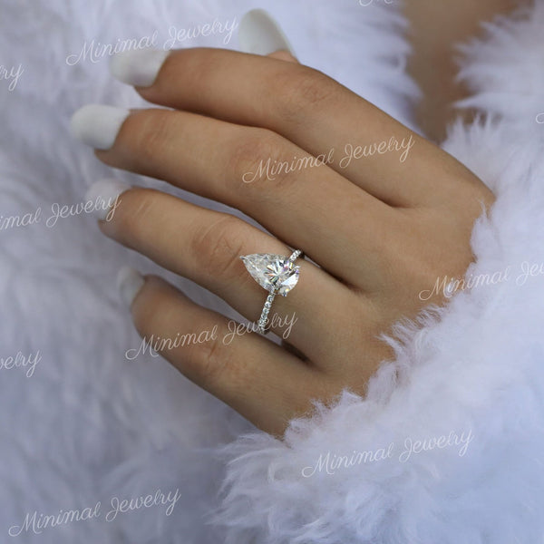 3 CT pear cut moissanite engagement ring,hidden halo pear shaped ring,solitair,pave prong,pear moissanite ring,bridal wedding ring,women
