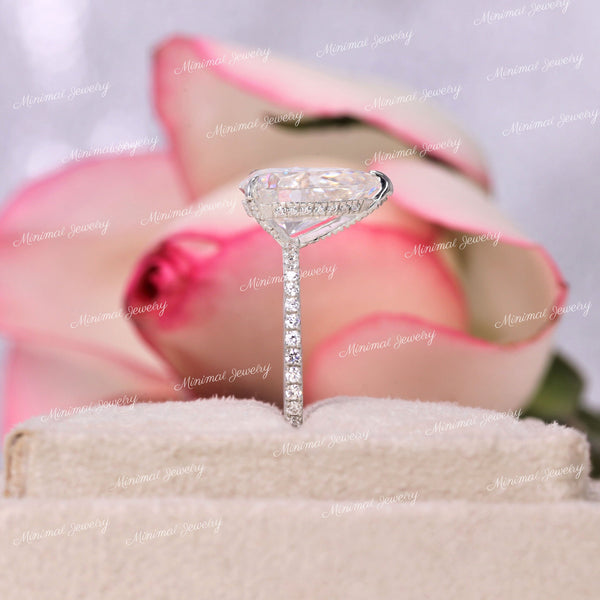 3 CT pear cut moissanite engagement ring,hidden halo pear shaped ring,solitair,pave prong,pear moissanite ring,bridal wedding ring,women
