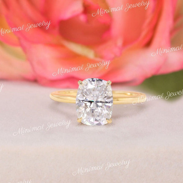 2.5 CT Cushion Cut Moissanite Engagement Ring Elongated Cushion Solitaire Ring Simple Wedding Anniversary Ring for Women 14k yellow gold