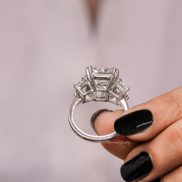 15ct Radiant Cut Moissanite Engagement Ring 14K Gold Three Stone Ring with Side Trapezoids Large Wedding Anniversary Statement Ring