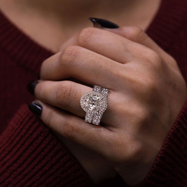 4 CT oval cut halo engagement ring,big Oval moissanite engagement ring set,celebrity style,eternity band,diamond bridal wedding ring set