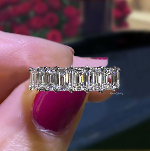 Emerald cut moissanite wedding band,full eternity band,eternity ring solid gold,modern thick,unique 5mm wedding band,Matching Stacking ring