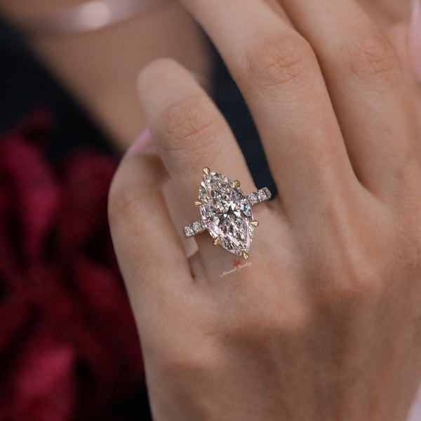 5CT Marquise Moissanite Engagement Ring Hidden Halo Peekaboo Solitaire 14K Two Tone Solid Gold Marquise cut Wedding Anniversary Ring women