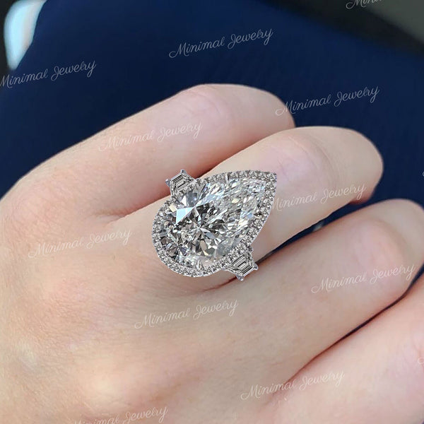 6.5 CT pear shaped engagement ring,Three stone moissanite pear halo,unique celebrity style,trapezoid&large pear moissanite,rare wedding ring