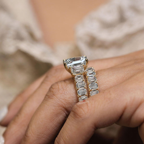 Emerald Cut Moissanite Engagement Ring set 15.1TCW Three stone moissanite bridal set hidden halo wide eternity band wedding anniversary ring