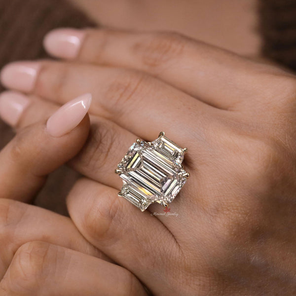 Three stone emerald cut engagement ring 9 CT large emerald cut moissanite ring statement wedding ring women diamond anniversary ring gift