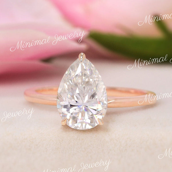 2 CT pear moissanite teardrop ring hidden halo unique pear shaped engagement ring 14k rose gold pear cut promise matching wedding ring set