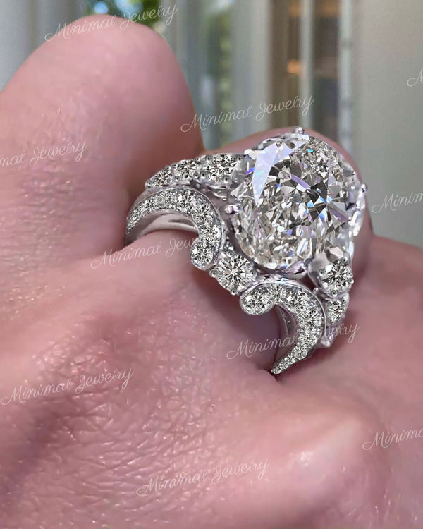 8 CT Oval moissanite engagement ring set unique solitaire double wedding band celebrity style large Oval cut luxury modern wedding ring set