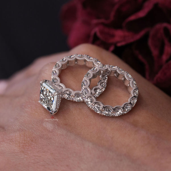 5 CT Radiant cut Engagement ring set,large radiant moissanite solitaire,Celebrity Style art deco,hidden halo,Wide Band wedding ring set