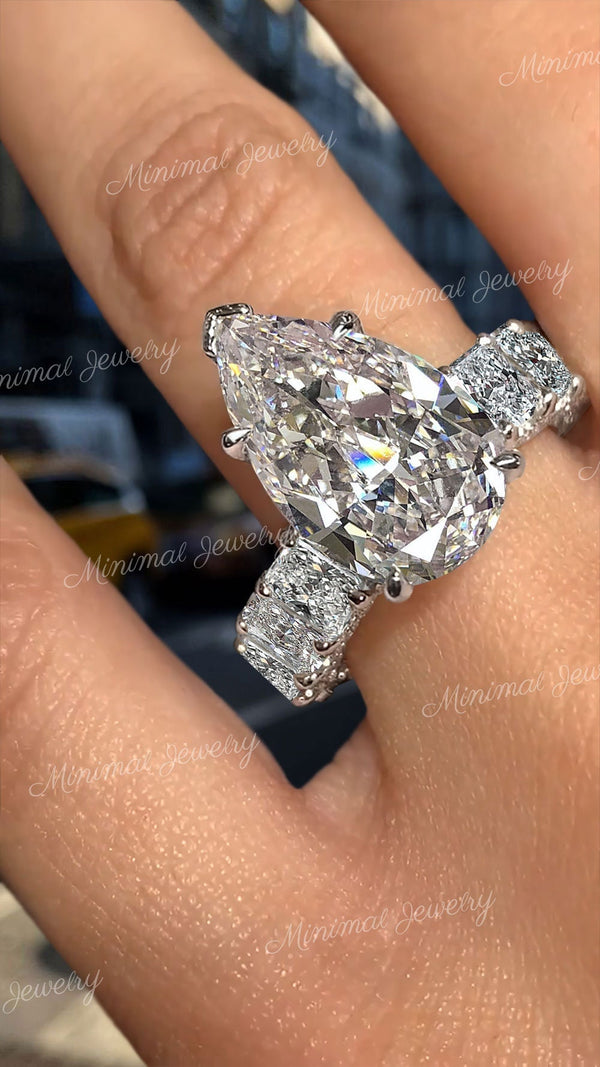 6.5CT pear moissanite engagement ring Hidden halo wide band unique large moissanite pear cut wedding ring big diamond anniversary ring women