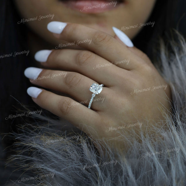 2.5CT Three stone cushion cut moissanite engagement ring,hidden halo,elongated cushion Moissanite cluster ring,white gold meghan markle ring