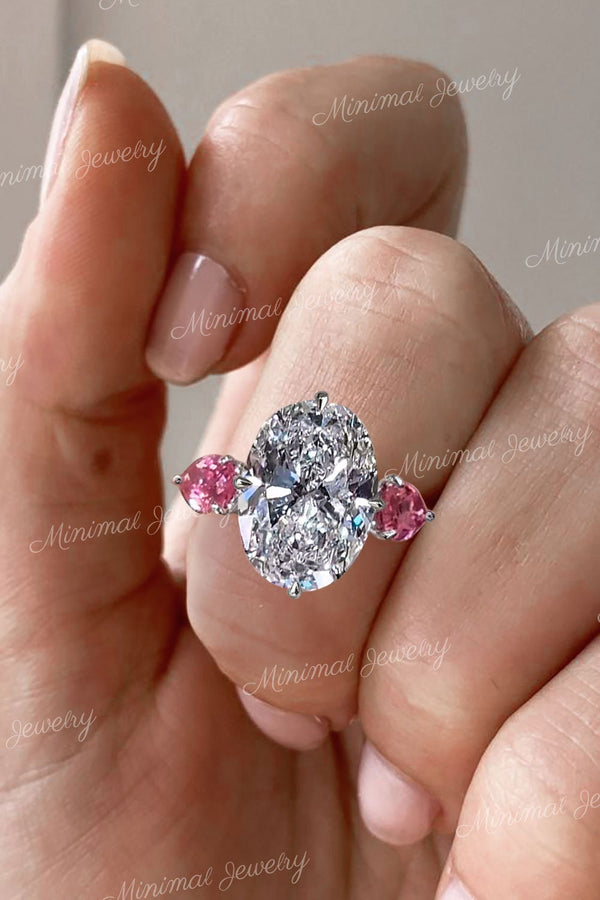 7.5CT Three stone oval engagement ring Large crushed ice oval moissanite ring&pink pear lab diamond hidden halo unique art deco wedding ring