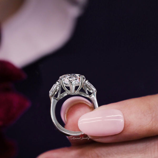 3CT pear lab grown diamond ring Three stone pear shaped engagement ring IGI certified large pear diamond anniversary wedding ring solid gold