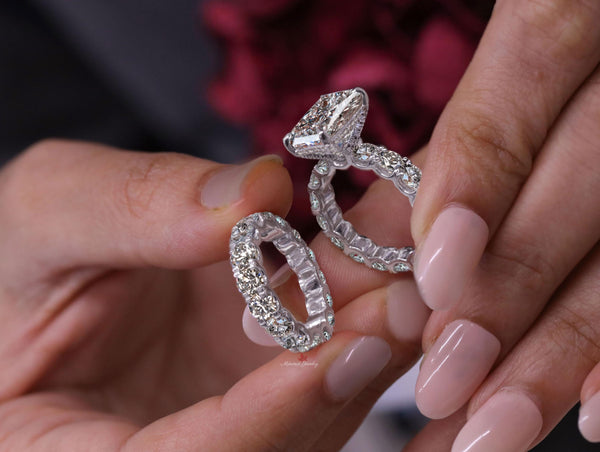 5 CT Radiant cut Engagement ring set,large radiant moissanite solitaire,Celebrity Style art deco,hidden halo,Wide Band wedding ring set