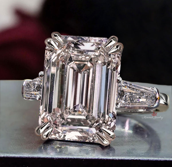 Emerald Cut Moissanite Ring Three Stone Engagement Ring side Baguette 12CT large Statement Wedding Ring Big Diamond Anniversary Ring women