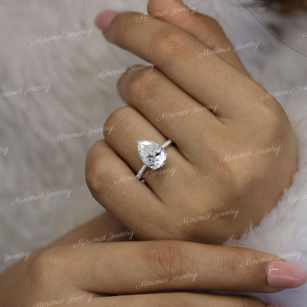 3 CT pear moissanite engagement ring,cathedral ring,hidden halo,solitaire pear shaped ring,pave accent floating ring,wedding ring•women