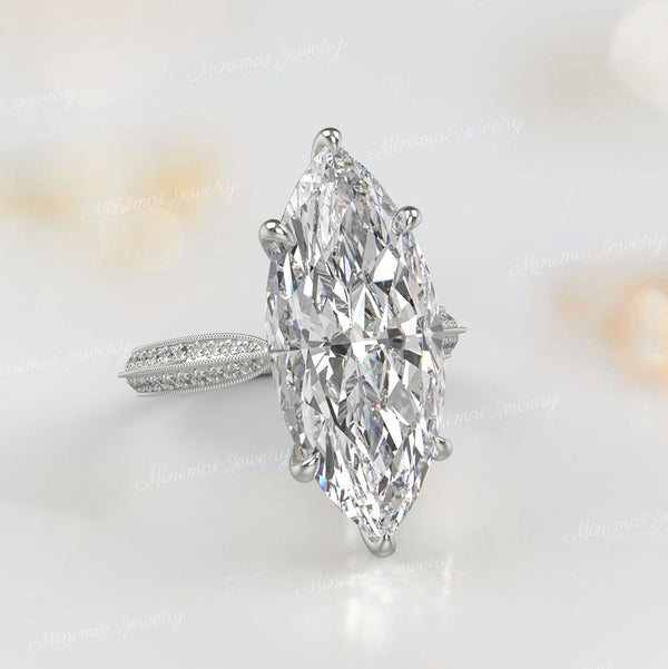 7.5CT Marquise Moissanite Engagement Ring: Art Deco Filigree, Hidden Halo wedding ring