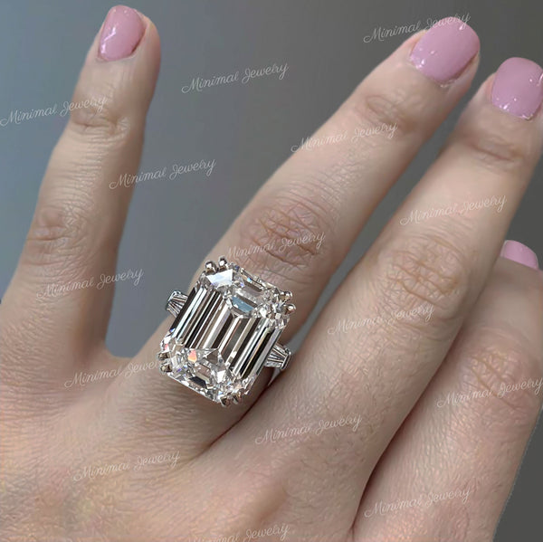 16 CT Three Stone moissanite emerald cut ring,celebrity style baguette&big large Emerald cut moissanite engagement ring 3 stone wedding ring