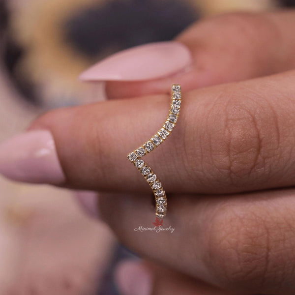 Dainty Chevron Moissanite Wedding Band: 14k Yellow Gold Contour Ring