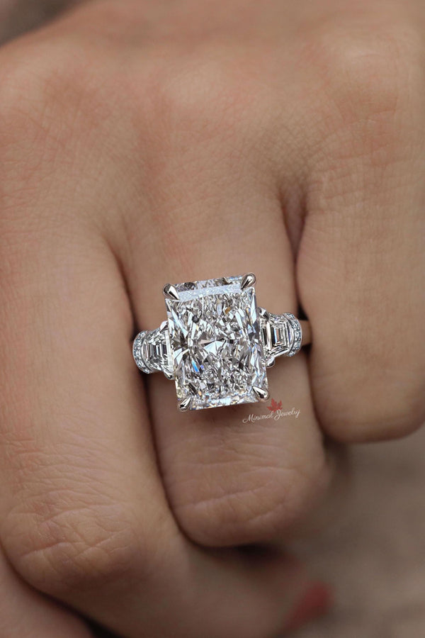 10 Carat Radiant moissanite engagement ring big Three stone ring hidden halo Radiant cut ring large moissanite diamond cocktail wedding ring