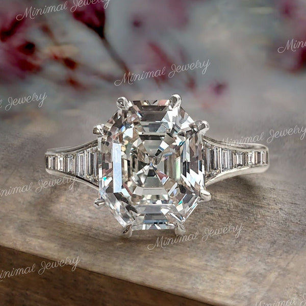 Asscher cut engagement ring solitaire moissanite hexagon ring low profile gold cathedral ring art deco 3.5CT asscher wedding ring for bridal