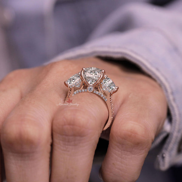 6 CT Three stone oval cut moissanite engagement ring hidden halo cathedral ring set large moissanite 3 stone wedding ring anniversary ring