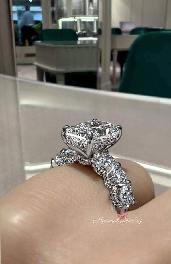 3.5 CT radiant cut engagement ring,crushed ice radiant moissanite engagement ring,hidden halo solitaire,eternity wide band,wedding ring