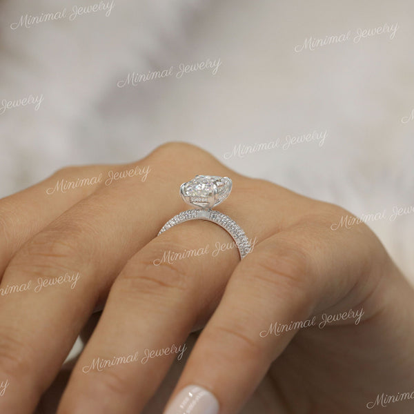 2.5CT Emerald cut moissanite engagement ring,hidden halo,unique emerald cut solitaire ring,3 row pave,claw prong,14k white gold,wedding ring