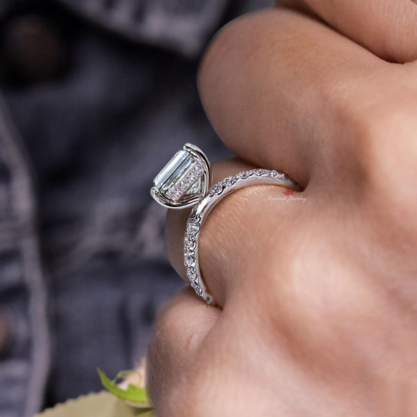 Lab Grown Diamond Engagement Ring IGI Certified 2 ct Asscher Cut Lab Diamond wedding ring Hidden halo 14k Gold 4 prong solitaire Thin Band